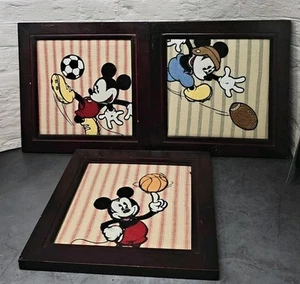 Disney Framed Mickey Mouse Embroidered Fabric Sports 3 Piece Wall Decor 12x12 - Picture 1 of 12