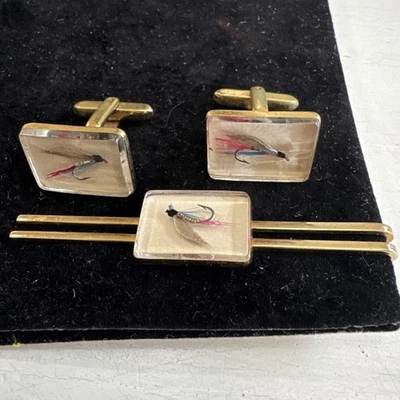 Gemelos y clip de corbata de pesca con mosca vintage, Hickok Foto 1 de 4