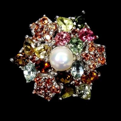 Anello in argento sterling 925 pera tormalina zaffiro perla pietra preziosa... - Immagine 1 di 4