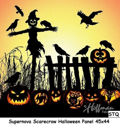 Scarecrow Halloween cotton Quilt fabric Hoffman Panel 44x45 Raven Pumpkin Spooky - Image 1 of 2