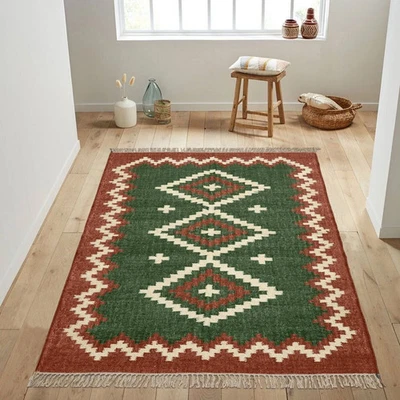 Tribal Jute Wool Kilim Rug Living Room Reversible Colorful Handmade Area Rug Mat - Image 1 of 4