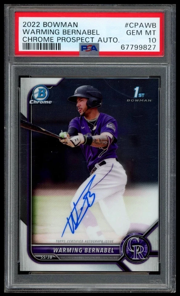 2022 BOWMAN WARMING BERNABEL 1ST BOWMAN CHROME PROSPECT AUTOGRAPH RC PSA 10 GEM - Image 1 of 1