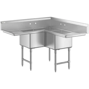 25"W x 57"L 16G Stainless Steel 3 Compartment Corner Sink with TWO Drainboards - Picture 1 of 11