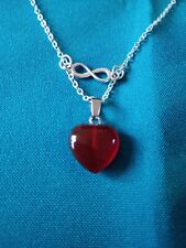 SilChi: Red Agate Heart With Infinity Symbol On Silver SS Necklace 50cm Chain