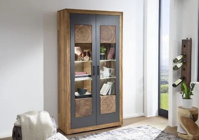 Vitrine groß modern Vitrinenschrank schwarz Holz massiv Schrank Sheesham 103x201 - Bild 1 von 4