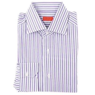 Camisa de vestir Isaia a medida 'Mezcla' de algodón a rayas violetas 15,5 (UE 39) NUEVA CON ETIQUETAS Foto 1 de 4