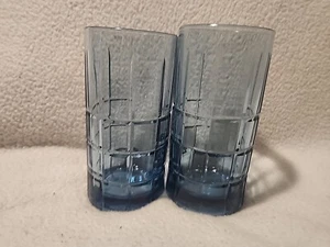 2 - Vintage Anchor Hocking Tartan Denim Blue Drinking Glasses 6 1/4" Tall Heavy - Picture 1 of 5