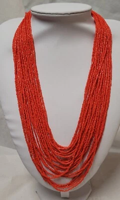 VINTAGE COLLIER MULTI RANGS x 24 PERLES EN VERRE COULEUR CORAIL ORANGE # K28 - Photo 1/4