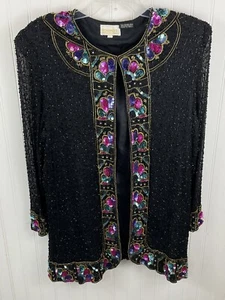 Roaman's Womens Vintage Silk Sequin Open Jacket Large - Picture 1 of 18