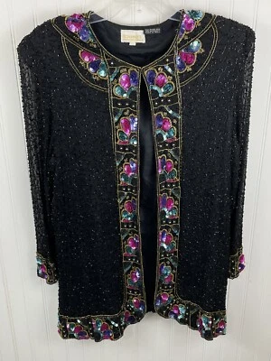 Roaman's Womens Vintage Silk Sequin Open Jacket Large - Image 1 of 4