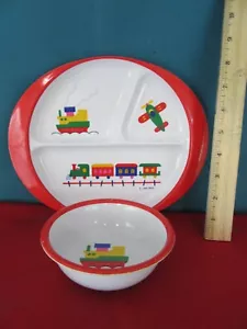 Juego de platos y tazones divididos para niños PECO de colección década de 1980 diseño de avión tren barco - Imagen 1 de 8