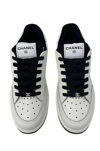 Chanel Grained Calfskin Fabric Womens Logo Sneakers 39 White Black - Picture 1 of 10