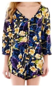 NWT California Gypsy Romper Womens Lrg Boho Blue Floral Ruffles Cinch Waist - Picture 1 of 13