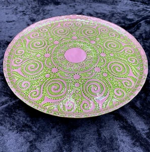 Painted Glass Pedestal Plate, Pier 1, Purple and Chartreuse, Made in Turkey - Picture 1 of 10