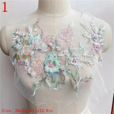 3D Flowers Bead Rhinestone Lace Applique Fabrics Dress Costume Material DIY - Image 1 of 4