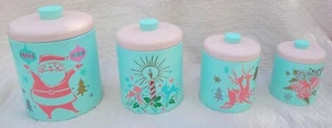 Set Bidoni Cucina Vintage Ransburg Metallo Rosa e Verde Menta Riutilizzati Natale - Foto 1 di 11