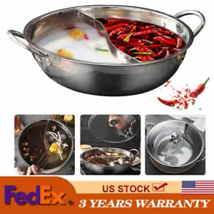 12" Stainless Steel Shabu Shabu Dual Site Divider Cooking Soup Hot Pot W/ Lid - Picture 1 of 12
