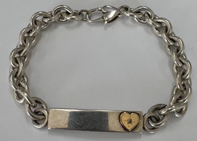Designer Sterling Silver / 14k Diamond Heart ID Bracelet 7.5" [115GCS] - Image 1 of 4