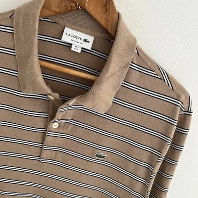 Lacoste Polo Shirt Size FR 5 L Large Mens Beige Striped Linen Knit Short Sleeve - Image 1 of 4