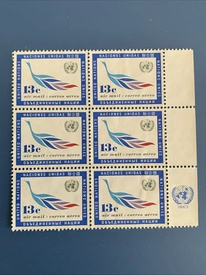 Naciones Unidas: Sc#C10 Bloque 6 MNH 13c Ave de Laurel Correo Aéreo 1963 Sin Goma Foto 1 de 4