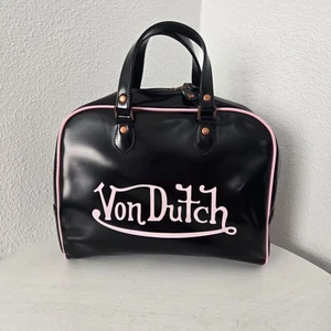 Vintage Von Dutch Black Pink White Patent Leather Bowling Bag Y2k Carry Zip - Picture 1 of 15