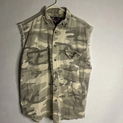 V Twin Motorcycle Apparel Shirt Sz large L Sleeveless Eagle Flag Camo Button Up - Image 1 of 4