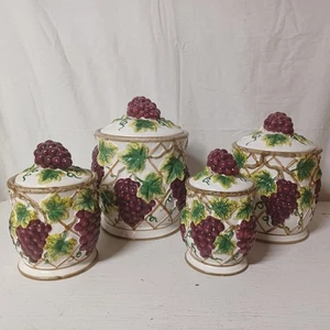 Vtg KK China Majolica Pottery 3D Grape Cluster Ceramic Canister Set - Picture 1 of 24