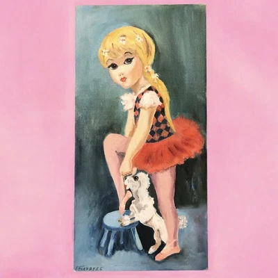 Bailarina vintage años 60 niña ojos grandes con caniche cachorro reproducción pintura 8x16 Foto 1 de 4