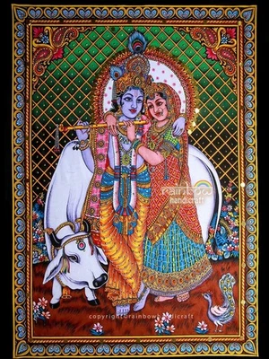 Divine Love Krishna Radha Tapestry Sequin Wall Hanging Ethnic Decor Poster art - Image 1 of 4