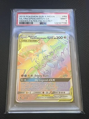 2019 Pokemon Sun And Moon Rainbow Moltres Zapdos Articuno GX Hidden Fates PSA 9 - Image 1 of 2