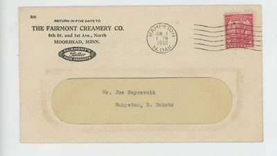  Mr Fancy Cancel The Fairmont Creamery Co Moorehad Minn Whapeton ND '32 #1820 - Изображение 1 из 2
