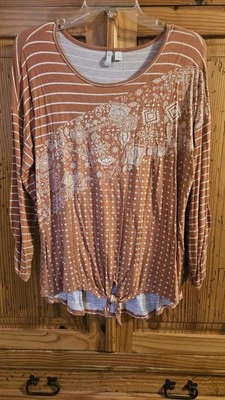 Nuevo con etiquetas Cato Mujer Talla L Top Naranja Rayas Geométrico Manga Larga Nudo Frontal Foto 1 de 4