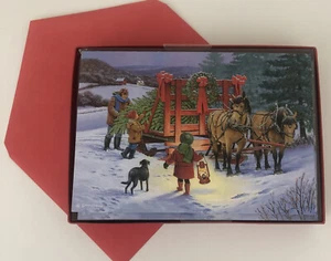 10 CHRISTMAS Leanin Tree Cards Box Set, HORSES & WAGON GETTING A CHRISTMAS TREE - Picture 1 of 2
