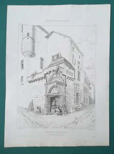 PERIGUEUX Corner Gothic House Maison Tenant or Pattisier - 1857 Etching Print - Picture 1 of 4