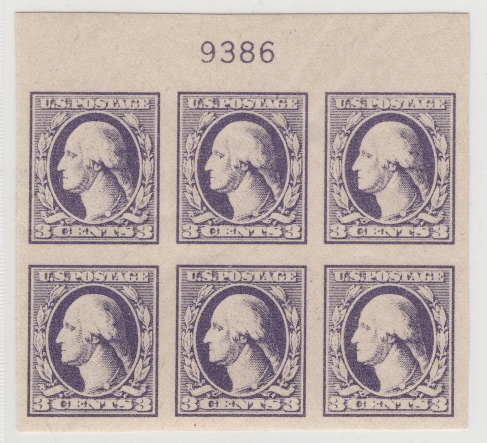 1919 US SC 535 3c Violet Washington Imperf Top Plate Block of 6, Offset Type IV - Image 1 of 3