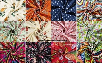 Indian 5 Yard Hand Printed Running Loose Sewing Craft Cotton Kimono Dress Fabric - Image 1 of 2