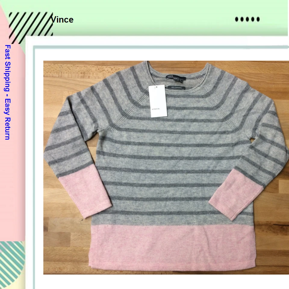 $198.00 Vince Girl's Colorblock Cashmere Sweater Pink Charcoal Large - Image 1 of 1