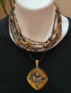 JOAN RIVERS Ornate Glass Bead and Tiger Eye Flowers and Birds Pendant Necklace - Picture 1 of 7
