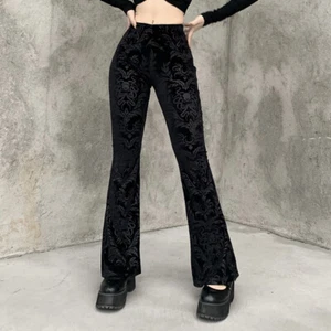 Women Floral Velvet Bell Bottoms Flare Pants Trousers Black Gothic Fashion - Picture 1 of 12