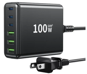 USB C Fast Charger 100W GaN Compact 6 Port USB C Charging Station NEW - Picture 1 of 6