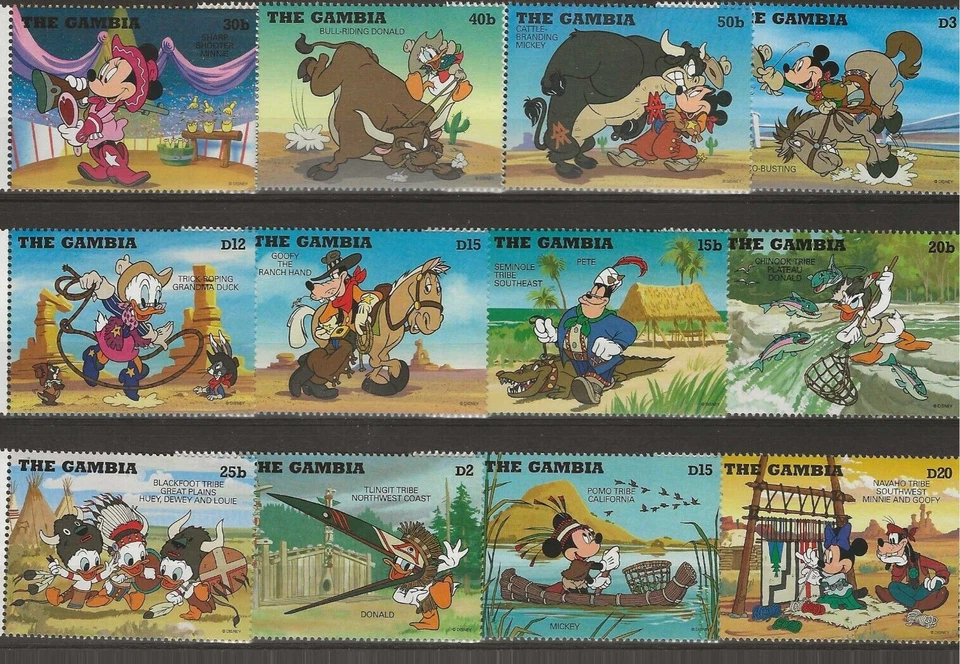 Disney 1995 Gambia - Disney Cowboys & Indians, Juego Completo de 12 - MNH Foto 1 de 1