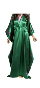 Bitsy Stoneking Piluso Kaftan One Size Fits Saturated Emerald Silk Fuchsia Piped - Picture 1 of 20