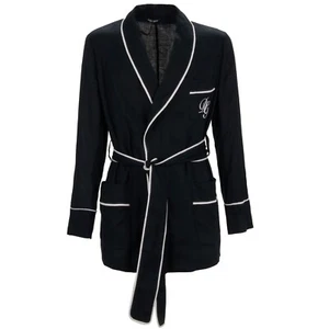 DOLCE & GABBANA DG Logo Linen Robe Blazer Coat Blue White - Picture 1 of 6