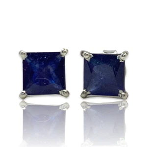 2 Kt Blauer Saphir Princess Cut Ohrstecker Silber 14 Kt Weißgold über - Bild 1 von 4