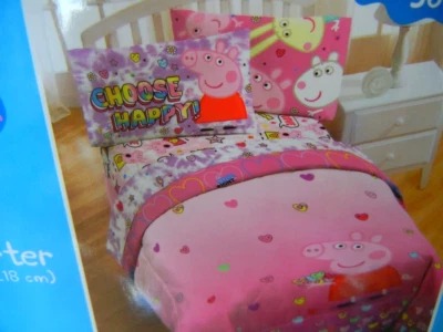 全新带标签 PEPPA 猪粉色心形 4 件套双双面棉被和床单套装床装 — 第 1/3 张图片