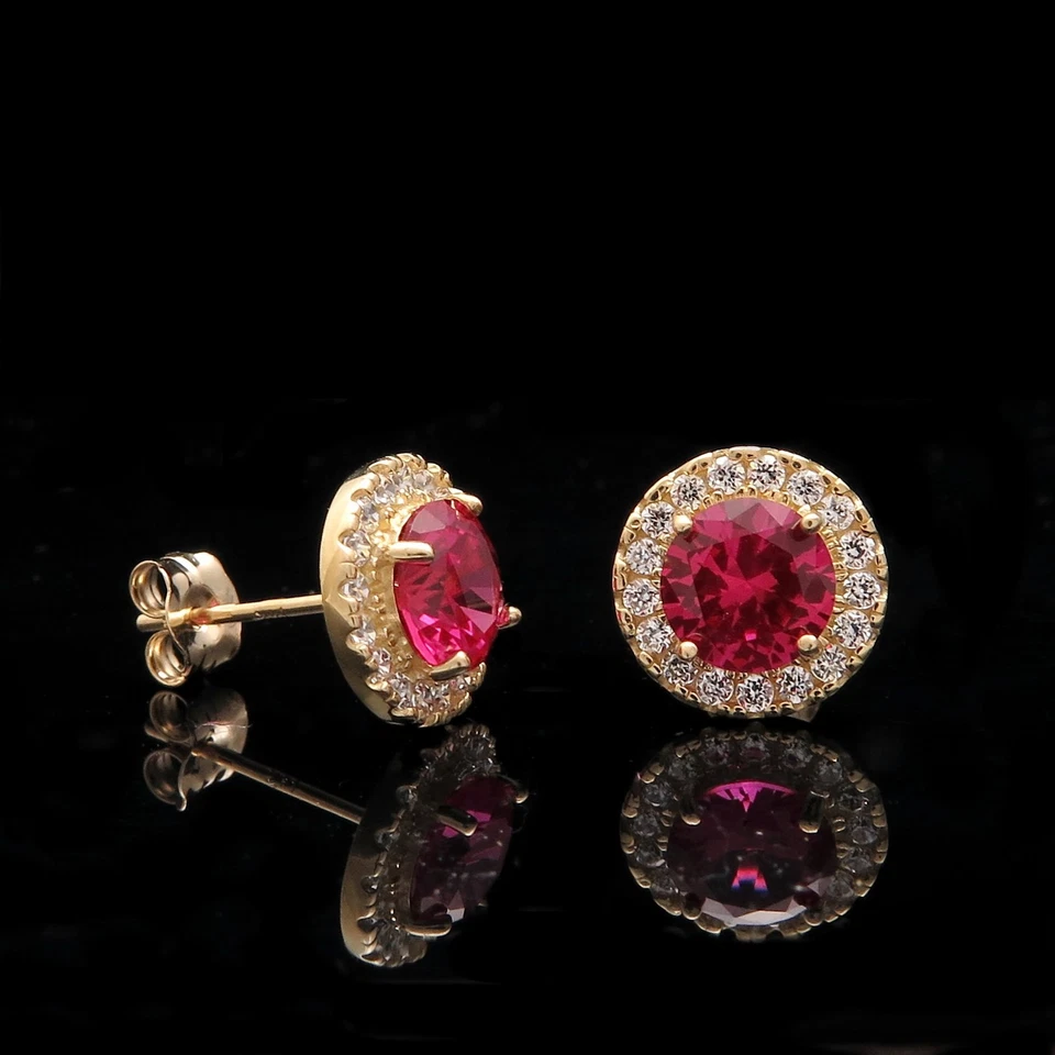 2CT Halo Red Lab-Created Ruby & Diamond Round Stud Earrings 14k Yellow Gold - Image 1 of 3