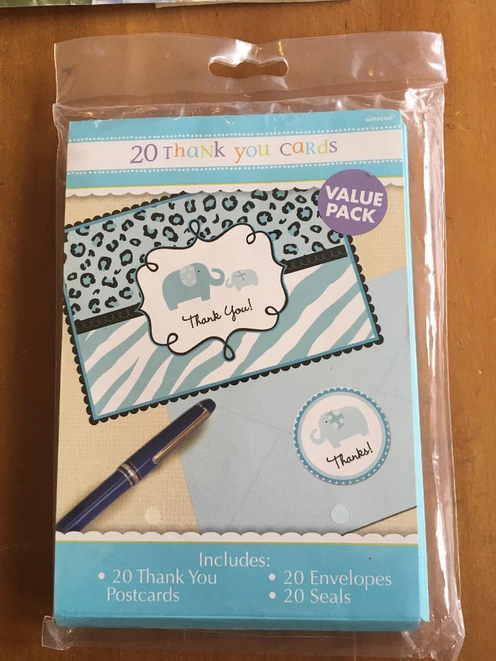 Dulce Safari Niño Selva Animal Azul Baby Shower Fiesta Agradecimiento Notas Tarjetas Nuevo en Paquete Foto 1 de 1