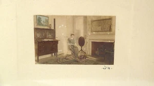 WALLACE NUTTING Framed Print - Woman Seated by Hearth / Fireplace -INITIALS ONLY - Picture 1 of 5
