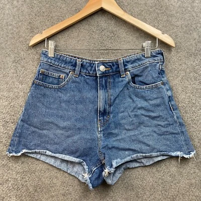Monki Denim Shorts Womens 10 W28 Blue High Waist Frayed Hem Cotton Zip 50526 - Image 1 of 4