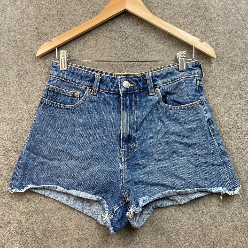 Monki Denim Shorts Womens 10 W28 Blue High Waist Frayed Hem Cotton Zip 50526 - Image 1 of 4